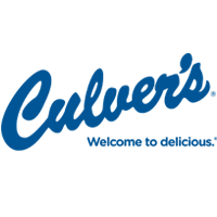 Culver's logo. Script blue type, tag line "Welcome to delicious."